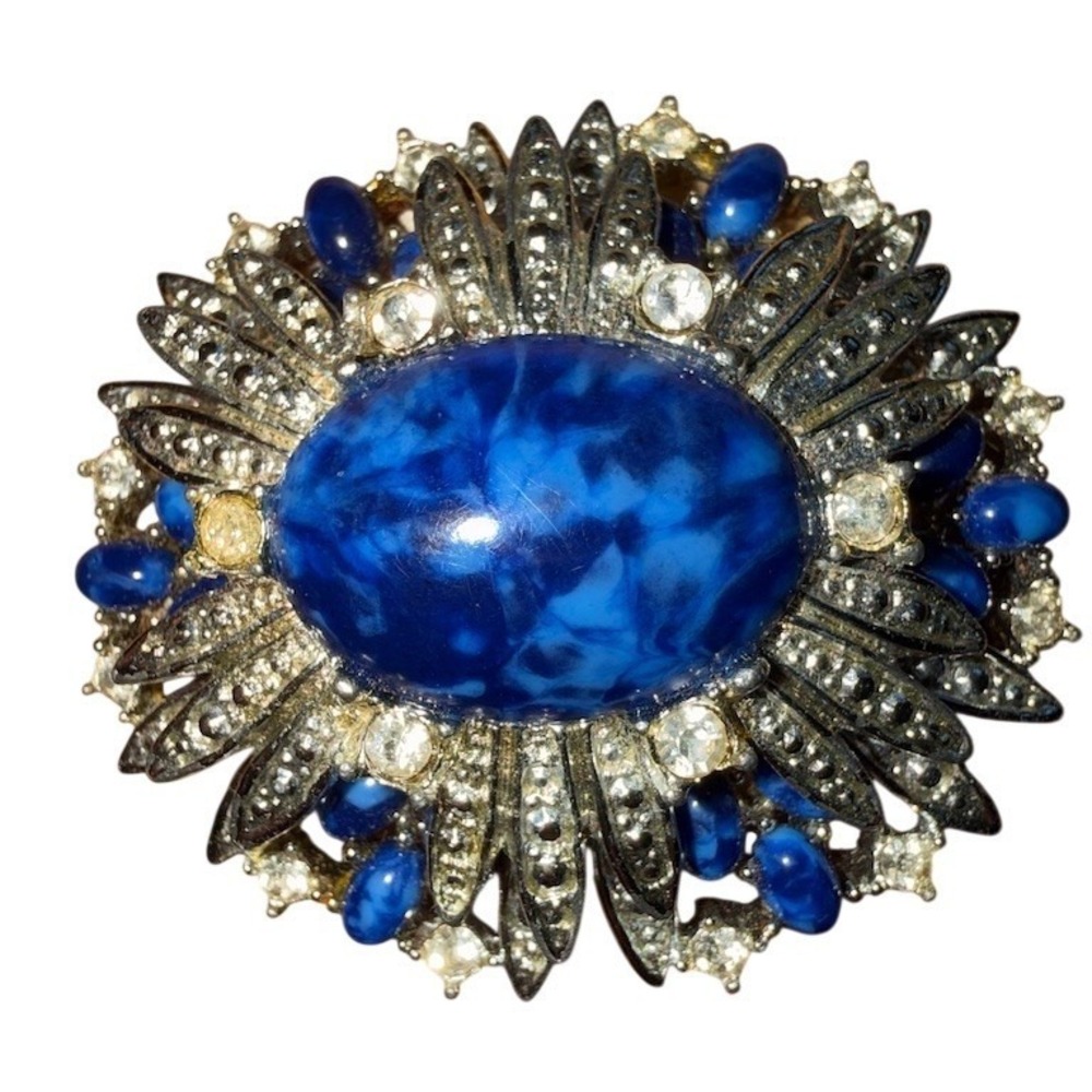 Vintage Sarah Coventry Brooch Pin Blue Cabochon Starburst Floral Signed